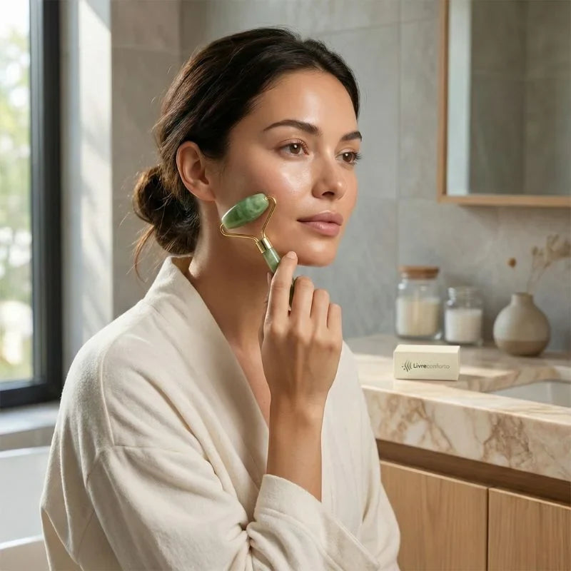 Kit Massagem Facial Premium com Rolo de Jade Verde, Pedra Gua Sha e Escova para Drenagem Linfática