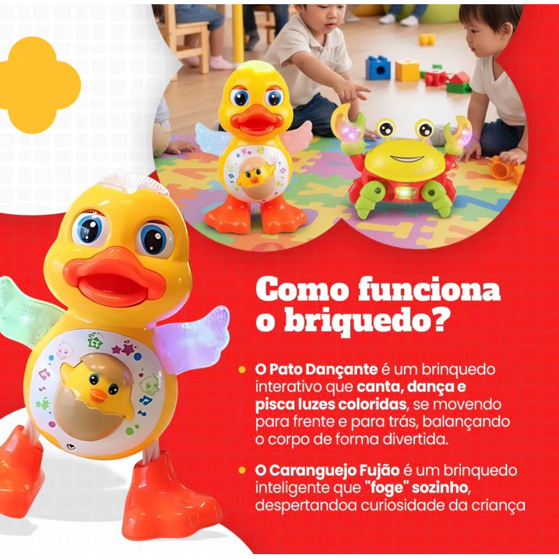 Kit Caranguejo Fujão e Patinho Dançarino Brinquedo Musical Dança Anda Mexe com Luz E Som