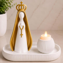 Kit Escultura Nossa Senhora Aparecida Bandeja Vela Coroa Minimalista Decorativa 14cm Quarto Sala Rack Escritório