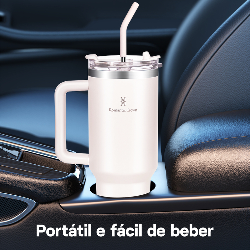 Romantic Crown Copo Térmico Inox Portátil 1200ml/1.2L com Tampa e Canudo Garrafa Térmica Inoxidável