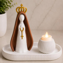 Kit Escultura Nossa Senhora Aparecida Bandeja Vela Coroa Minimalista Decorativa 14cm Quarto Sala Rack Escritório
