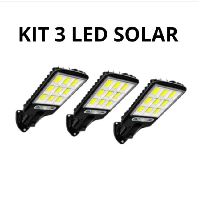 Kit 3 Luminárias Solar Parede Refletor 108 COB Carregar LED Luz Branco frio Prova D'Água Sensor Presença 3 funções 3063