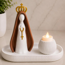 Kit Escultura Nossa Senhora Aparecida Bandeja Vela Coroa Minimalista Decorativa 14cm Quarto Sala Rack Escritório