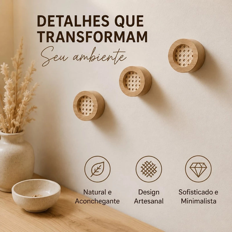 Cabideiro de Parede Redondo em MDF com Palha Sintética KIT COM 3 PEÇAS