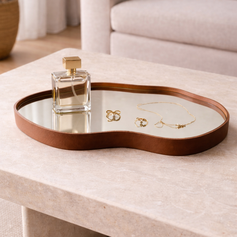 Bandeja Espelhada Decorativa Orgânico Couro Ecológico Premium 38x26cm Sala Quarto Banheiro Mesa Hall