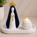 Kit Escultura Nossa Senhora Aparecida Bandeja Vela Coroa Minimalista Decorativa 14cm Quarto Sala Rack Escritório