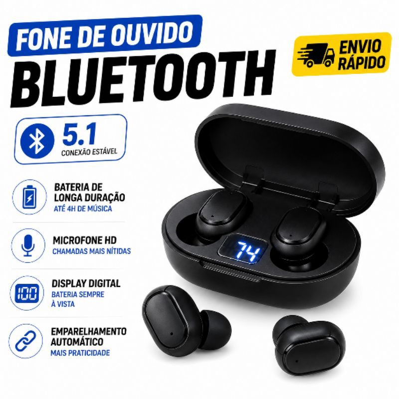 Fone de Ouvido Bluetooth 5.1 Sem Fio Case Com Display Digital Android e IOS
