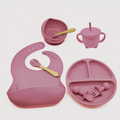 Kit 8pçs Talheres de Silicone p/ Bebê c/ Ventosa, Colher, Garfo, Canudo e Babador Infantil