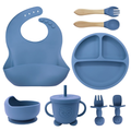 Kit 8pçs Talheres de Silicone p/ Bebê c/ Ventosa, Colher, Garfo, Canudo e Babador Infantil