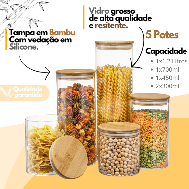 Kit Com 5 Potes Vidro Com Tampa Bambu Super Vedação hermético Conjunto porta mantimento