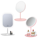 Espelho LED de Mesa com Bandeja Porta Maquiagem Luz 3 Cores Ajustável Touch USB