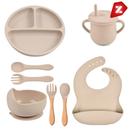 Kit 8pçs Talheres de Silicone p/ Bebê c/ Ventosa, Colher, Garfo, Canudo e Babador Infantil