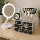 Organizador Acrílico 4 Gavetas: Make e Cosméticos, Maquiagem 16 Cavidades p/Organização Completa + Espelho LED